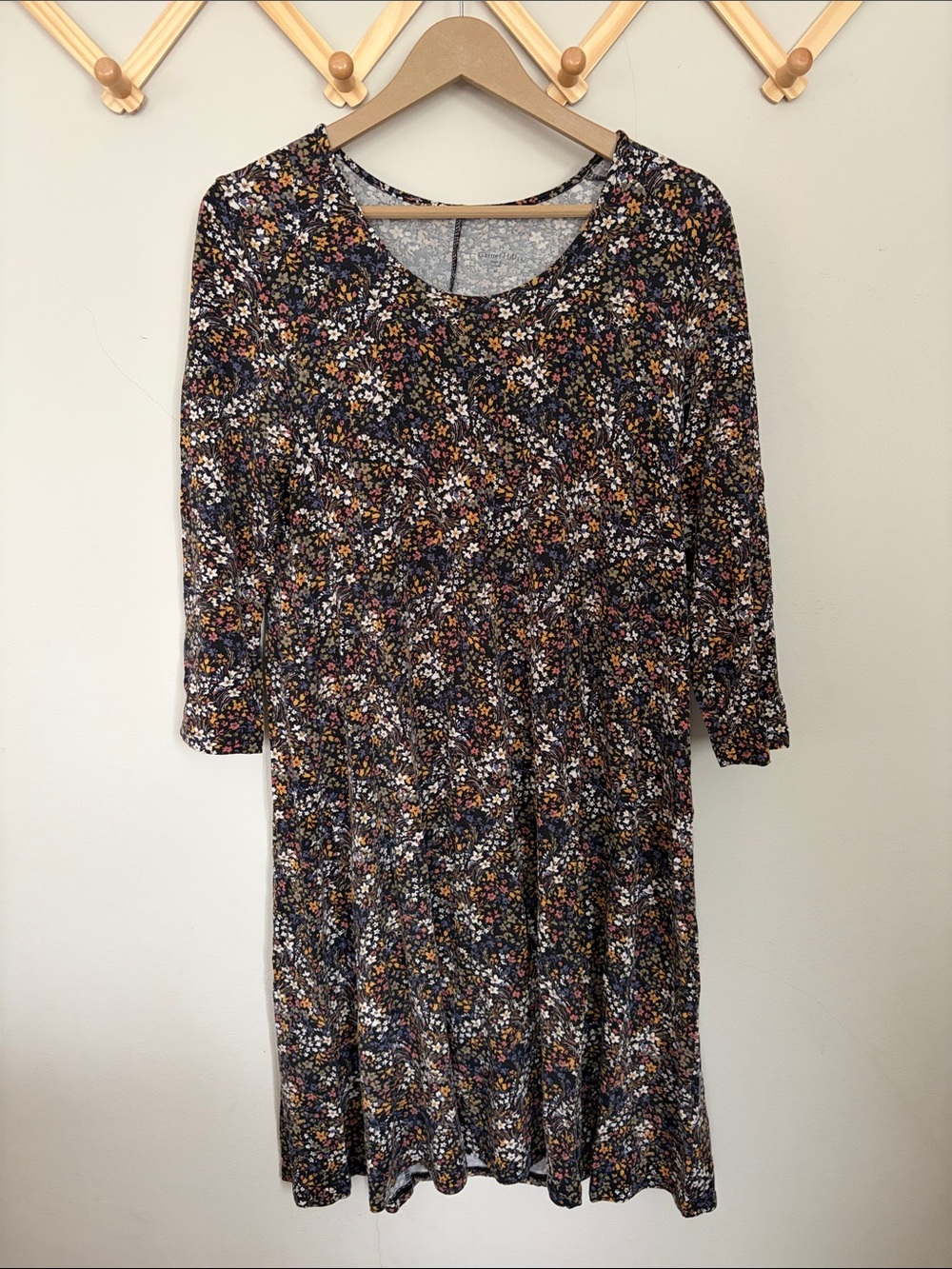 Garnet Hill Black Floral 3/4 sleeve swing Dress
